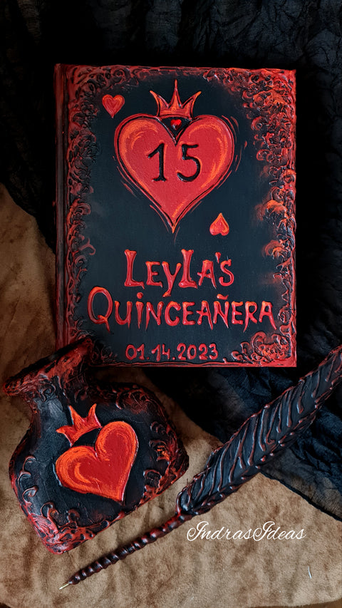 Black red heart, crown Quinceañera  guest book, gothic wedding guest book, all size book.