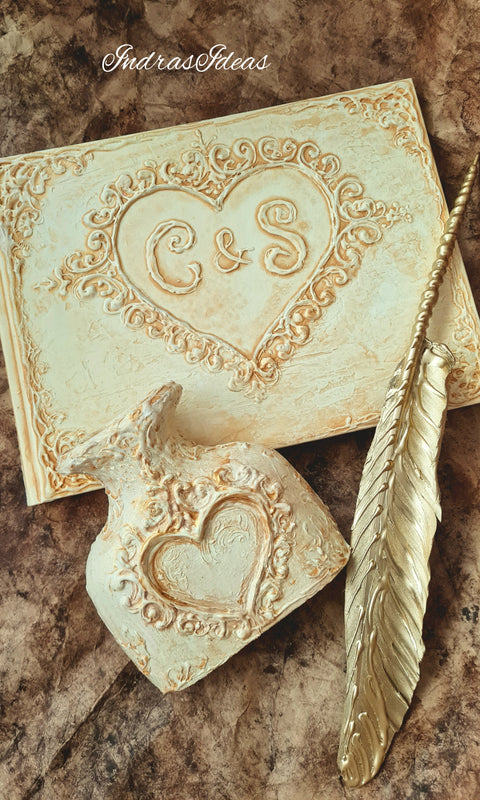 Ivory gold, heart initial guest book, classic, Vintage style Slim guest book and Set.