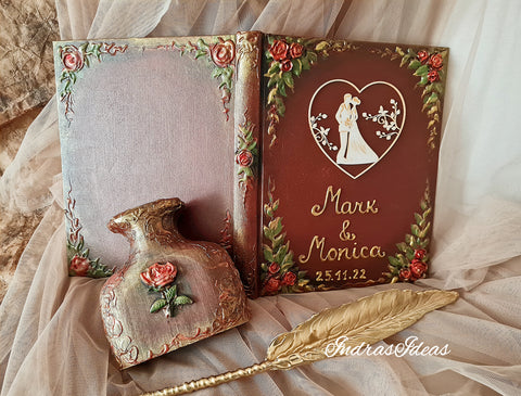 Couple silhouette in heart guest book. Red roses, brown, gold decor. S/L books un sets