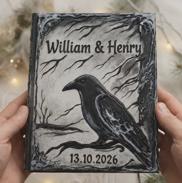 Handmade 3D sculpted raven wedding guest book personalized with names and date