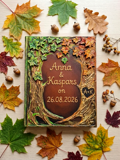 Handheld custom woodland wedding guest book featuring sculpted fall leaves and rustic tree trunk detailing.