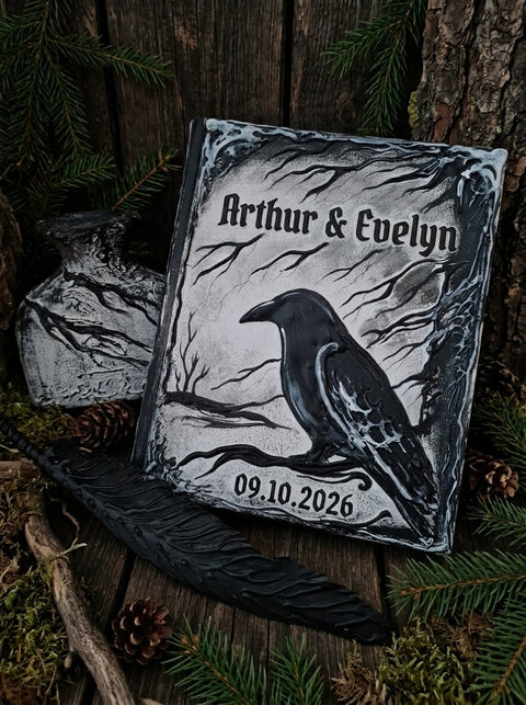 Handmade 3D sculpted raven wedding guest book personalized with names and date
