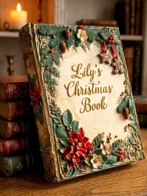 Personalized handmade Christmas memory book with 3D sculpted relief cover featuring gingerbread man and star ornaments, fir boughs, and text "Lily's Christmas Book" on an antique cream cover, resting on a wooden desk with candles.