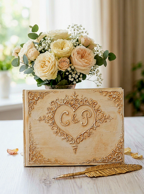 Custom 3D Baroque Wedding Guest Book & Antique Gold Feather Pen Set, Personalized Vintage Monogram Keepsake