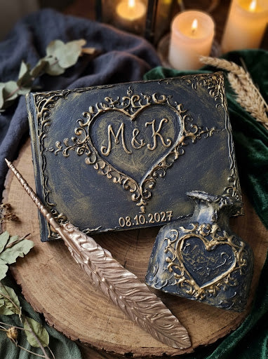 3D embossed black and gold wedding guest book and feather pen set with custom initials for grooms