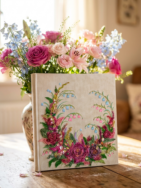 Handmade 3D Embroidered Floral Photo Album – Luxury Wedding & Family Keepsake