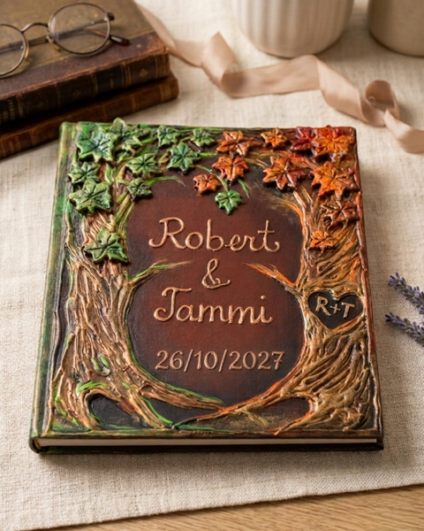 Handheld custom woodland wedding guest book featuring sculpted fall leaves and rustic tree trunk detailing.