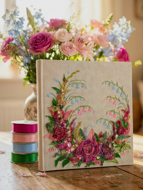 Handmade 3D Embroidered Floral Photo Album – Luxury Wedding & Family Keepsake