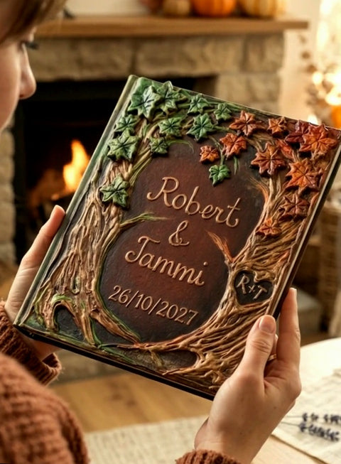 A person holds a personalized. Embossed Fall wedding guest book in front of a cozy fireplace. The album features a detailed 3D design of tree roots and branches with green ivy and orange autumn leaves, and the names 'Robert & Tammi' and the date '26/10/2027' are engraved in the center