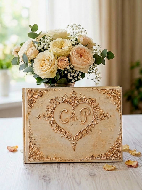 Custom 3D Baroque Wedding Guest Book, Personalized Vintage Monogram Keepsake