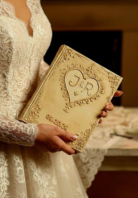 Personalized Vintage Wedding Guest Book – 3D Sculpted Gold Heart Monogram Keepsake with Feather Pen & Stand