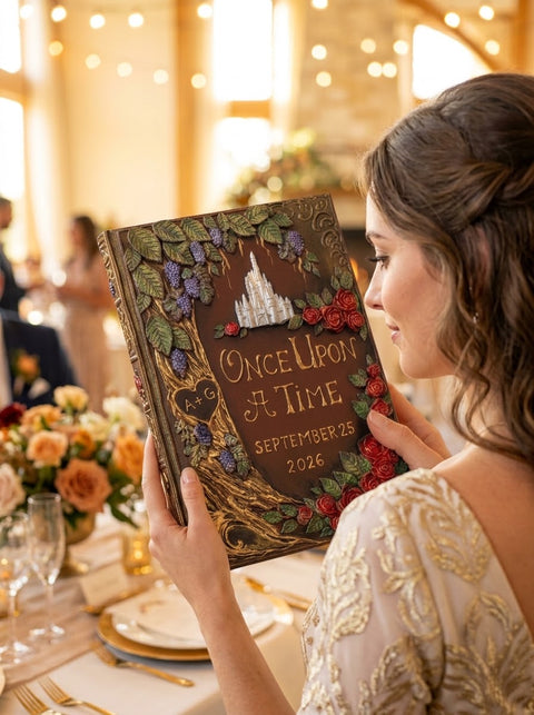 A woman in a champagne lace gown holds a custom wedding guest book featuring a dark brown cover decorated with purple grapes, red roses, and gold lettering that reads 'Once Upon A Time September 25 2026'. The background shows a softly blurred, warmly lit wedding reception venue with tables and guests.