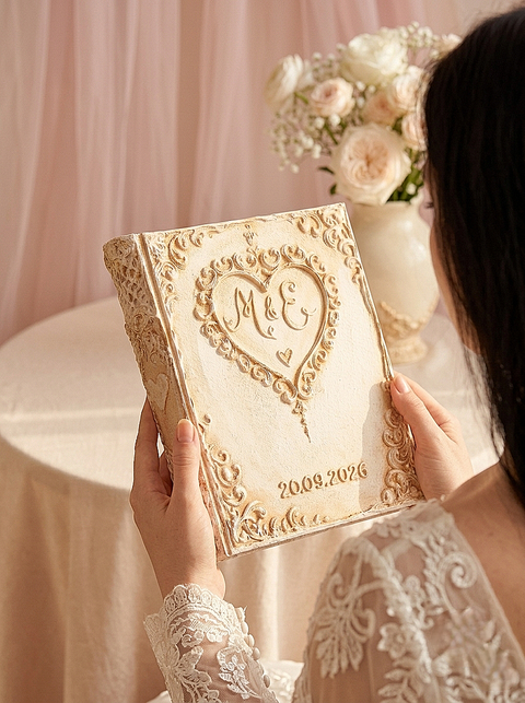 Personalized Large Ivory & Gold Wedding Guest Book – Elegant Heart Keepsake with Custom Initials & Date