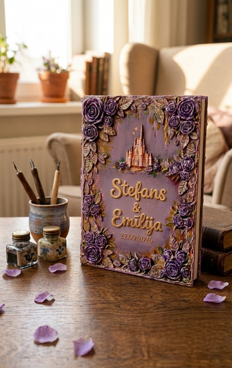Personalized Purple Fairy Tale Wedding Guest Book – 3D Castle & Floral Memory Book