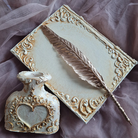 Personalized Vintage Wedding Guest Book – 3D Sculpted Gold Heart Monogram Keepsake with Feather Pen & Stand