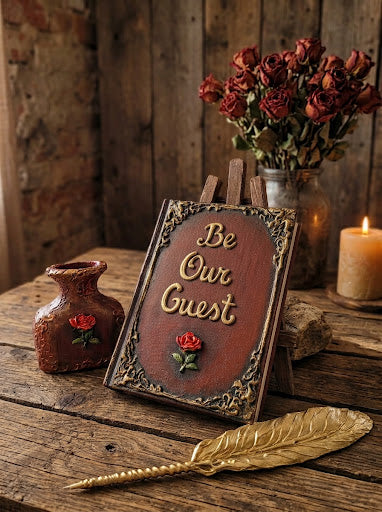 A rustic decorative sign reading 'Be Our Guest' displayed on a small easel stand on a wooden table, styled with dried red roses, a small vase, a candle, and a gold feather quill against a wood plank background.