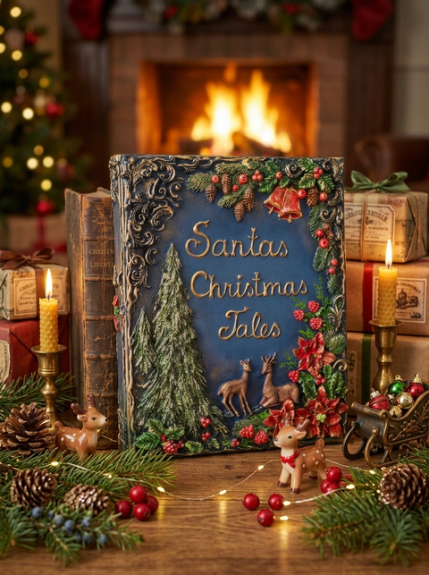 A decorative book titled "Santa's Christmas Tales" stands on a wooden surface in a cozy holiday setting. Personalized handmade  book cover is dark blue with raised illustrations of a 3D Christmas tree, bells, berries, and two deer, surrounded by pine branches, candles, wrapped gifts, pinecones, and small reindeer figurines.