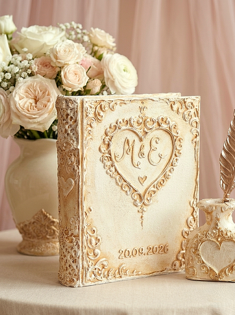An ornate cream and gold embossed keepsake journal with a heart design reading 'M&E' and the date '20.09.