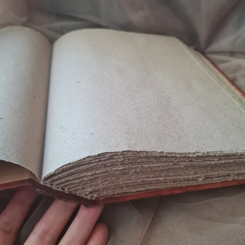 An open vintage book with blank, aged beige paper pages and a worn reddish-brown leather or cloth binding, held open by a hand against a neutral fabric background.