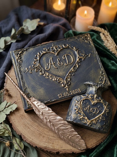 3D embossed black and gold wedding guest book and feather pen set with custom initials for grooms