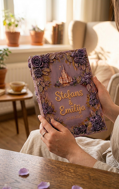 Personalized Purple Fairy Tale Wedding Guest Book – 3D Castle & Floral Memory Book