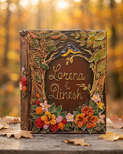 Personalized enchanted forest 3D sculpted fairy tale wedding guest book - keepsake with tree trunk frame, lovebirds, and colorful flowers, custom names Lorena and Dinesh 
