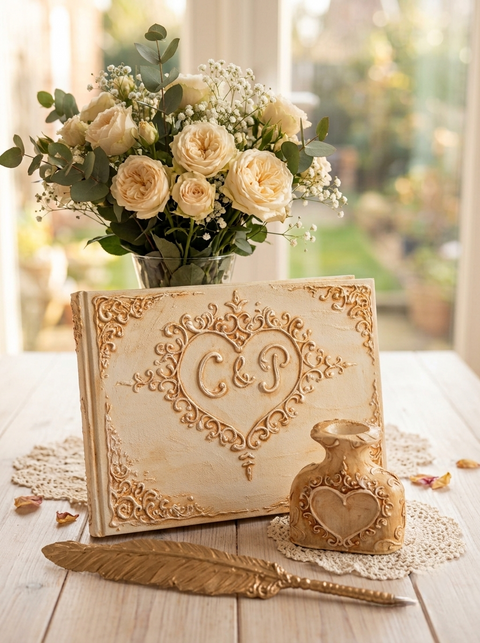 Custom 3D Baroque Wedding Guest Book & Antique Gold Feather Pen Set, Personalized Vintage Monogram Keepsake
