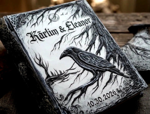 A close-up of a decorative book or album cover featuring a black raven perched among bare tree branches on a white background, with the names 'Kärtlin & Eleanor' and the date '10.30.