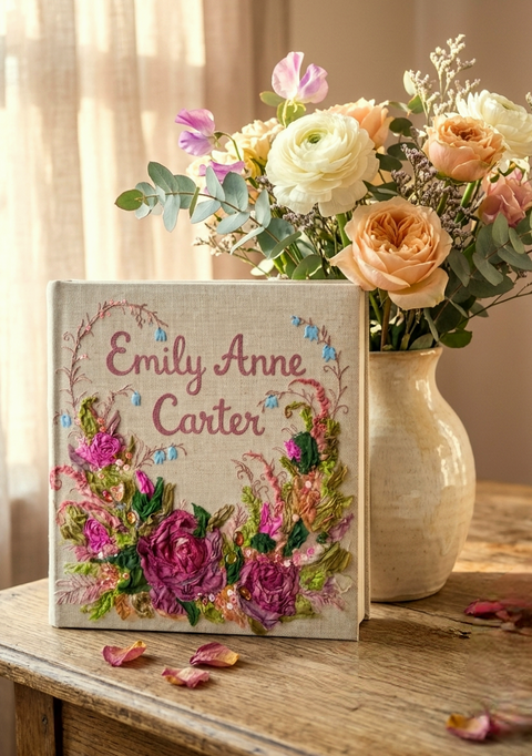 Personalized 3D Floral Photo Album with Name – Custom Embroidered Keepsake Book