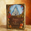 Personalized handmade hardcover Autumn wedding guest book  The cover features a painted blue sky with a 3D white castle, autumn leaves, red berries, and small pumpkins, with the names 'SARA & DANIEL' and the date