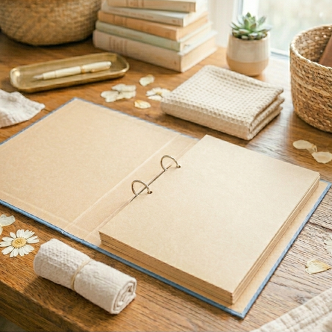An open beige ring binder notebook with blank pages on a wooden table, surrounded by styled desk props including books, a small succulent, woven baskets, and a rolled cream towel. 
