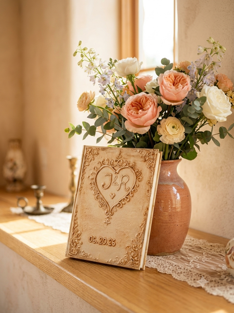 Personalized Vintage Wedding Guest Book – 3D Sculpted Gold Heart Monogram Keepsake with Feather Pen & Stand