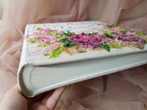Embroidered Classic style photo Album with names. Cotton and silk ribbon flowers. Customizable Bouquet. Individual Names