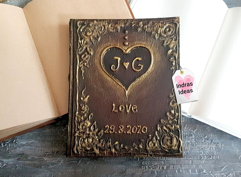 Personalized wedding guest book  with Initials and Date, rustic wedding heart guest book