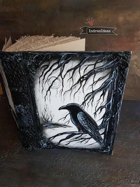 Black raven book with hand torn pages, magic diary, pagan wedding guestbook