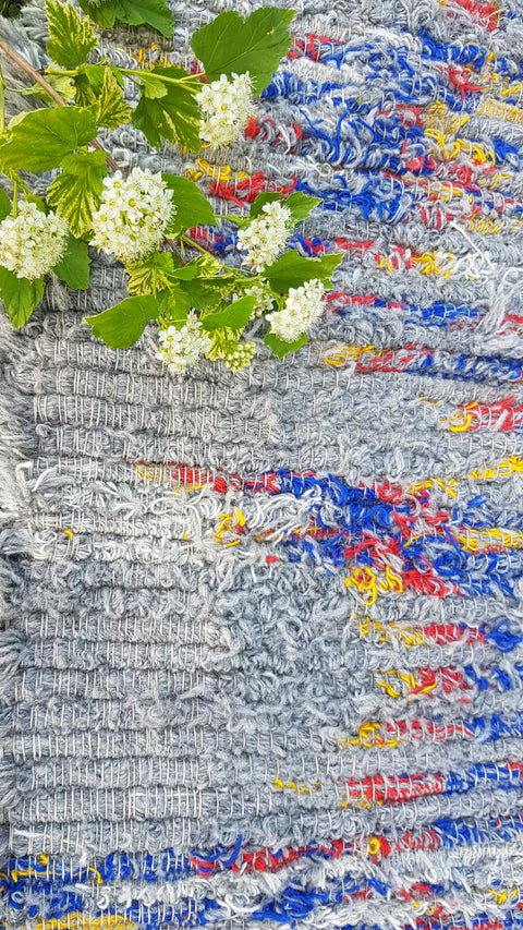 Colorful hand woven wool rug, Gray, blue, yellow woven rug, bohemian rug.