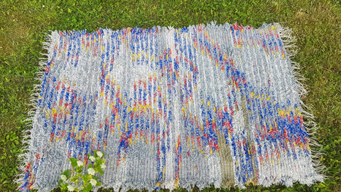 Colorful hand woven wool rug, Gray, blue, yellow woven rug, bohemian rug.