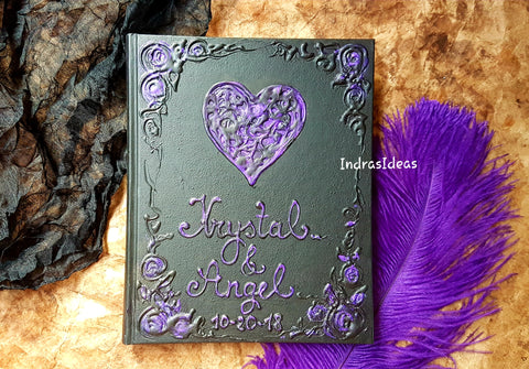 Black guest book with Purple heart wedding guest book Set. Custom wedding Guest Book with a Feather Pen and Penholder