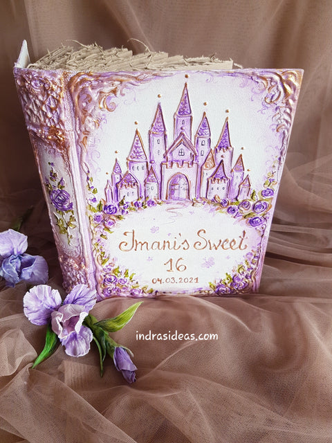 Lavender sweet sixteen Guest book, purple Quinceanera guest book with romantic castle. S/L kraft book and set.