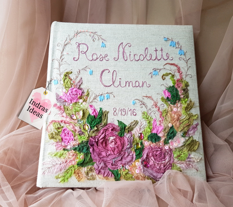 Embroidered Classic style photo Album. Cotton and silk ribbon flowers. Customizable Bouquet. Individual Names