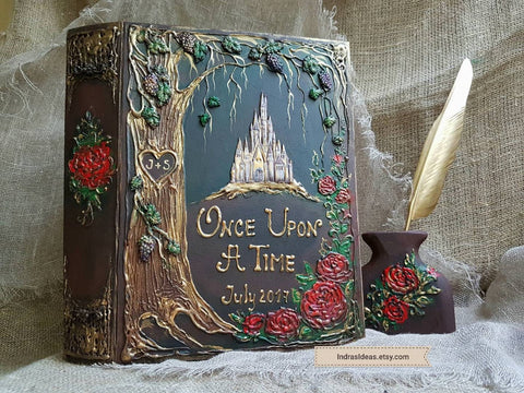 Rose Fairy tale wedding guest book, Once Upon a Time Guestbook, personalized-name and date, Woodland wedding Guest book.