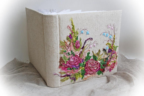 Embroidered Classic style photo Album. Cotton and silk ribbon flowers. Customizable Bouquet.