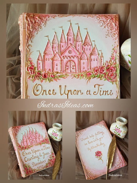 Pink castle wedding guest book.