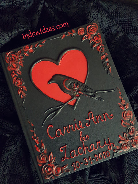 Black crow in red heart, a bat. Black heart guest book. S book and set.