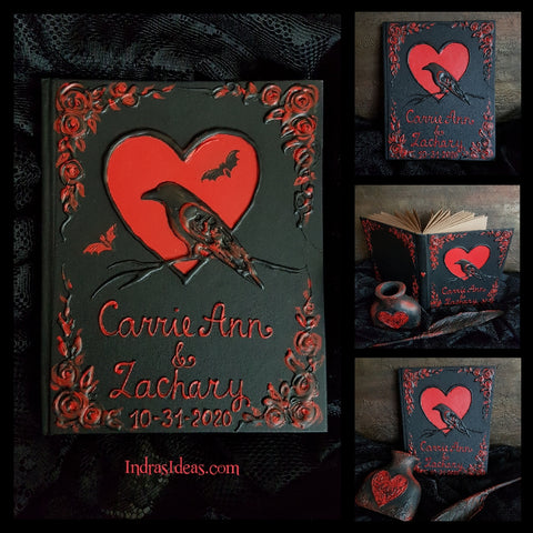 Black crow in red heart and bats. Black heart guest book. S book and set.